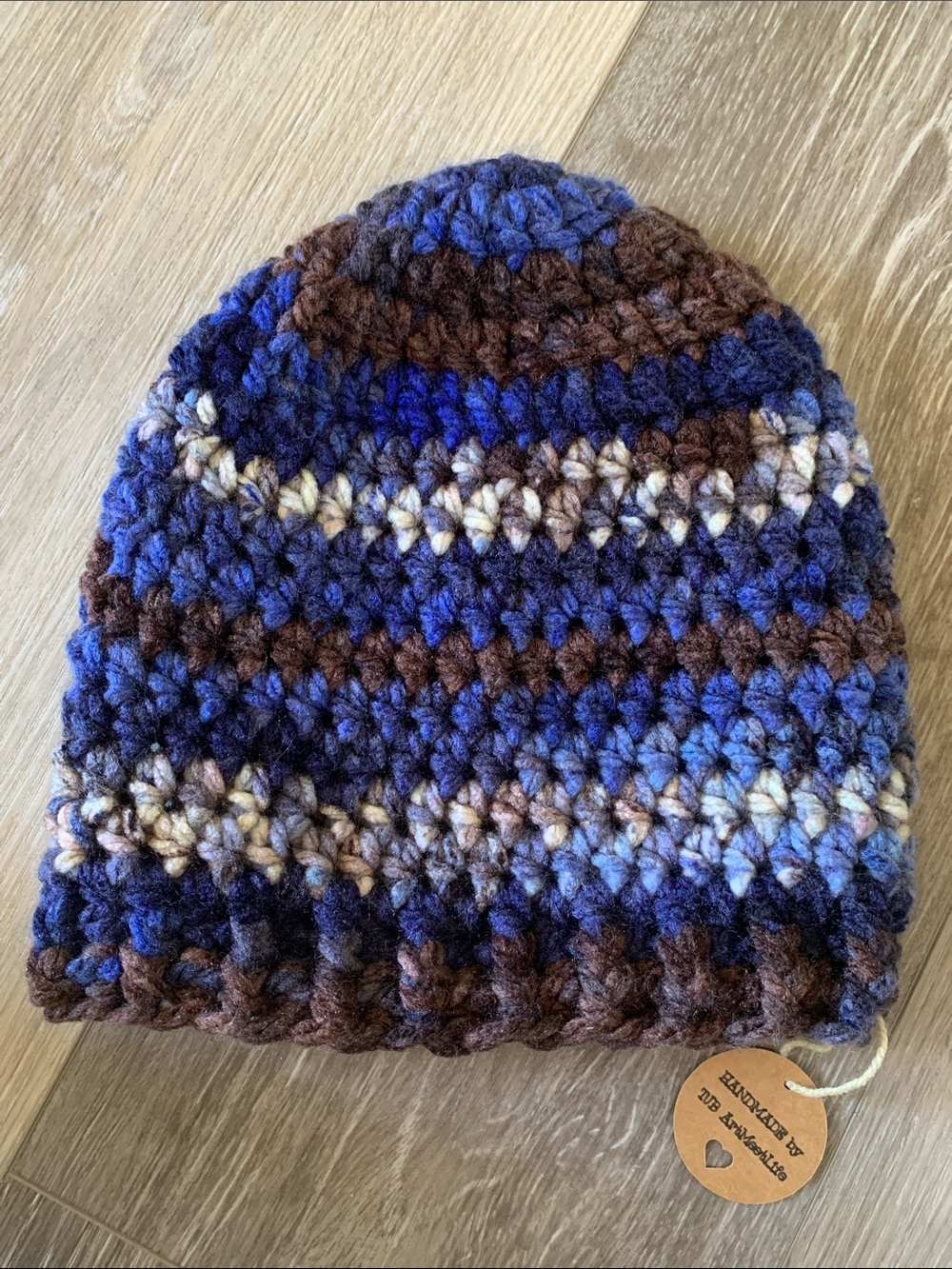 New Chunky Apres Crochet Beanie Navy Blue Brown White